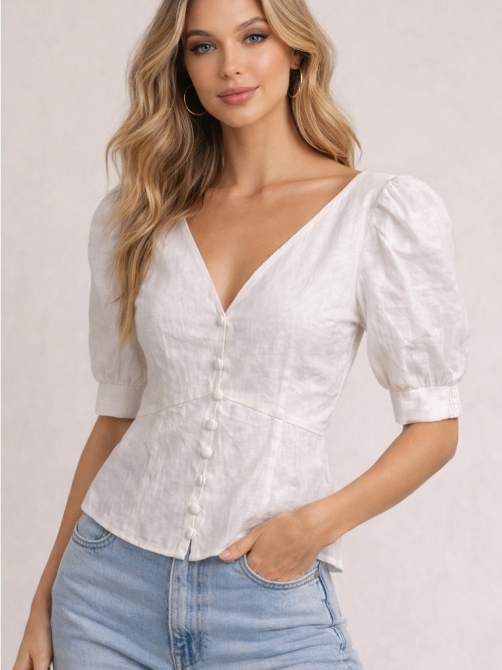Reformation White Puff Sleeve Button Front Blouse